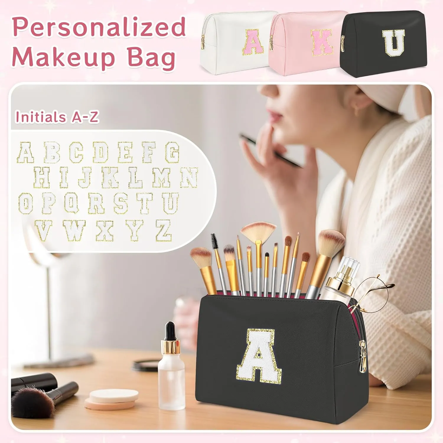 Travel Makeup Bag, Teen Girl Gifts Trendy Stuff Initial Make up Bag Travel Toiletry Bag for Girls Women, Waterproof PU Leather Cosmetic Bag, Personalized Gift for Birthday/Christmas - B, Black