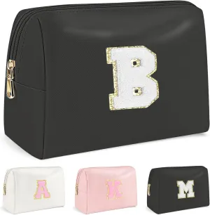 Travel Makeup Bag, Teen Girl Gifts Trendy Stuff Initial Make up Bag Travel Toiletry Bag for Girls Women, Waterproof PU Leather Cosmetic Bag, Personalized Gift for Birthday/Christmas - B, Black
