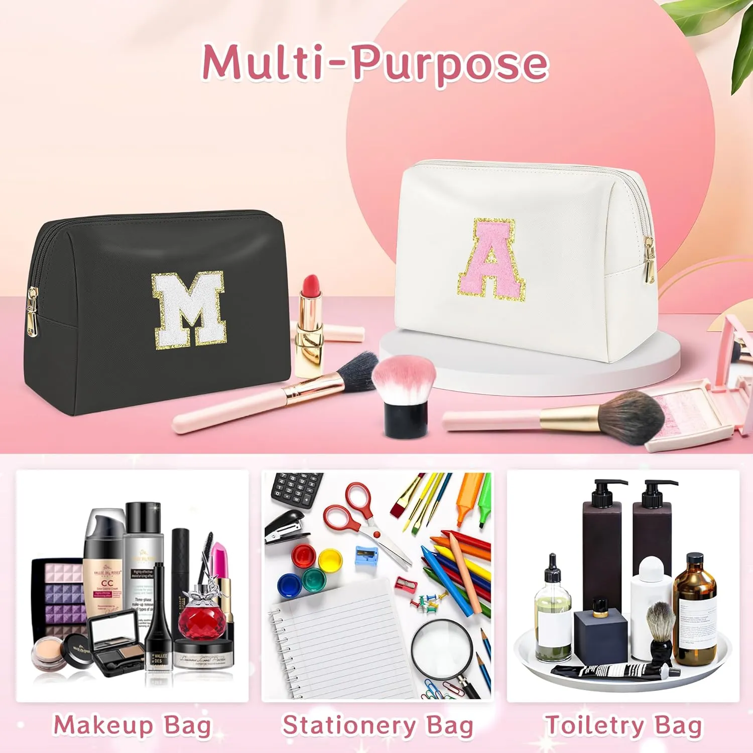 Travel Makeup Bag, Teen Girl Gifts Trendy Stuff Initial Make up Bag Travel Toiletry Bag for Girls Women, Waterproof PU Leather Cosmetic Bag, Personalized Gift for Birthday/Christmas - B, Black