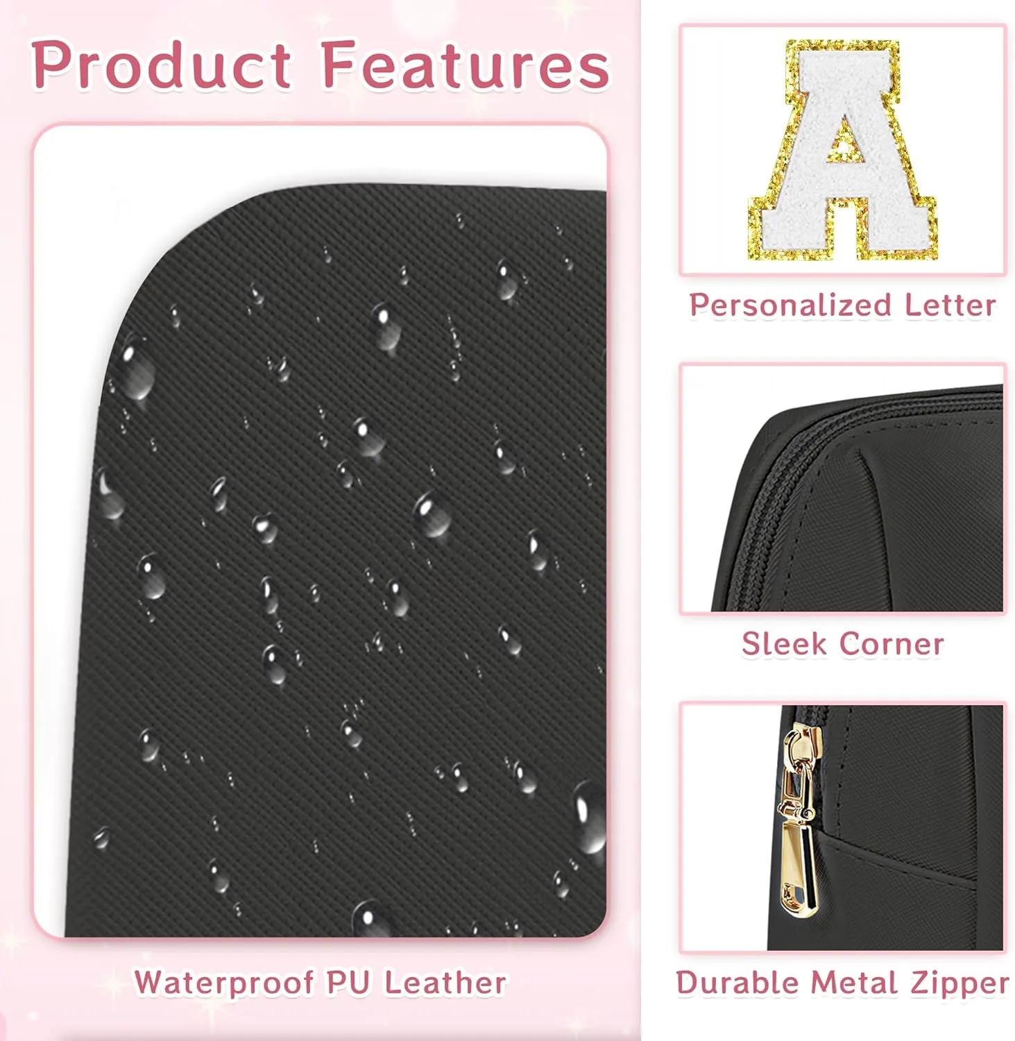 Travel Makeup Bag, Teen Girl Gifts Trendy Stuff Initial Make up Bag Travel Toiletry Bag for Girls Women, Waterproof PU Leather Cosmetic Bag, Personalized Gift for Birthday/Christmas - B, Black