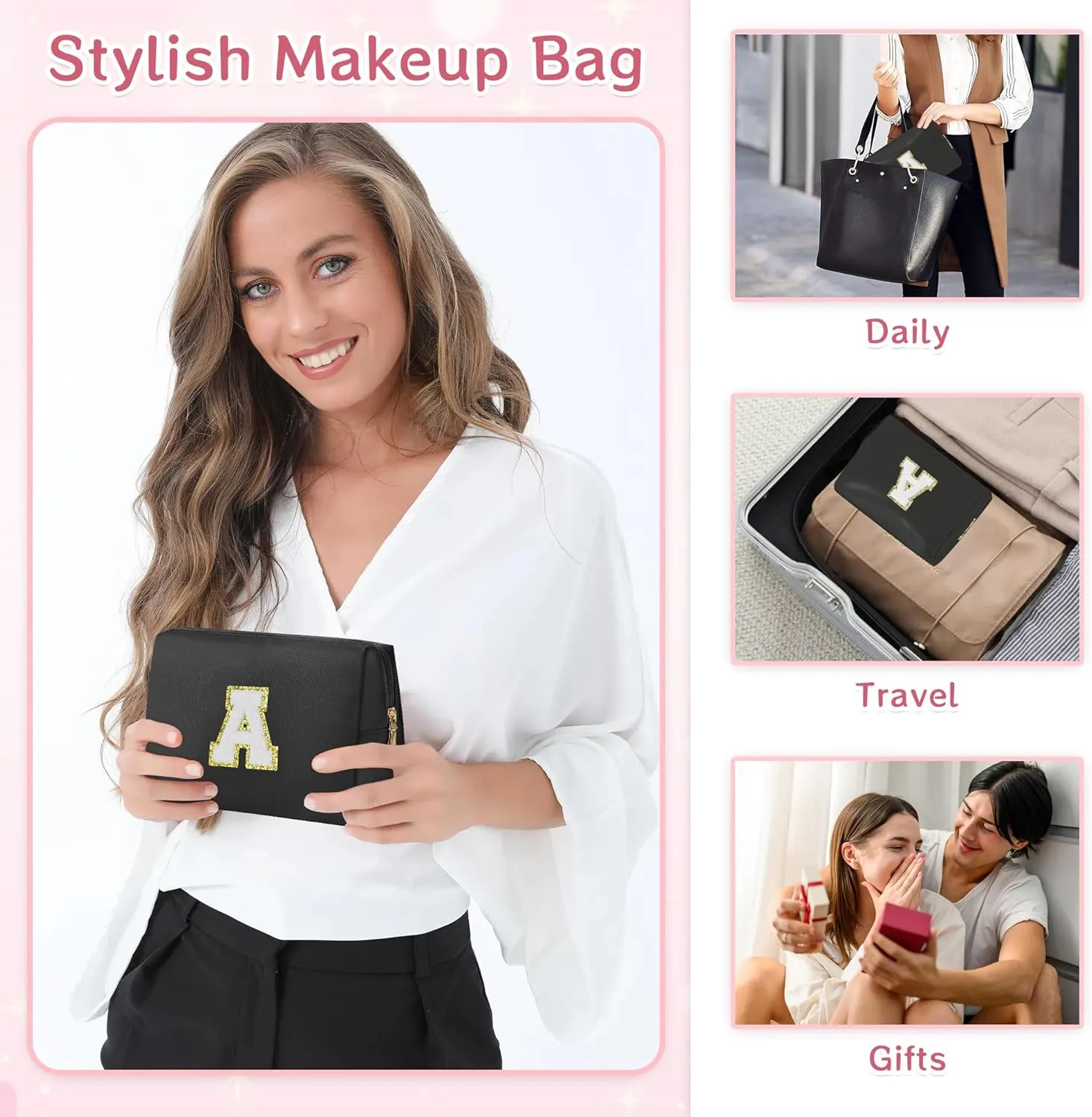 Travel Makeup Bag, Teen Girl Gifts Trendy Stuff Initial Make up Bag Travel Toiletry Bag for Girls Women, Waterproof PU Leather Cosmetic Bag, Personalized Gift for Birthday/Christmas - B, Black