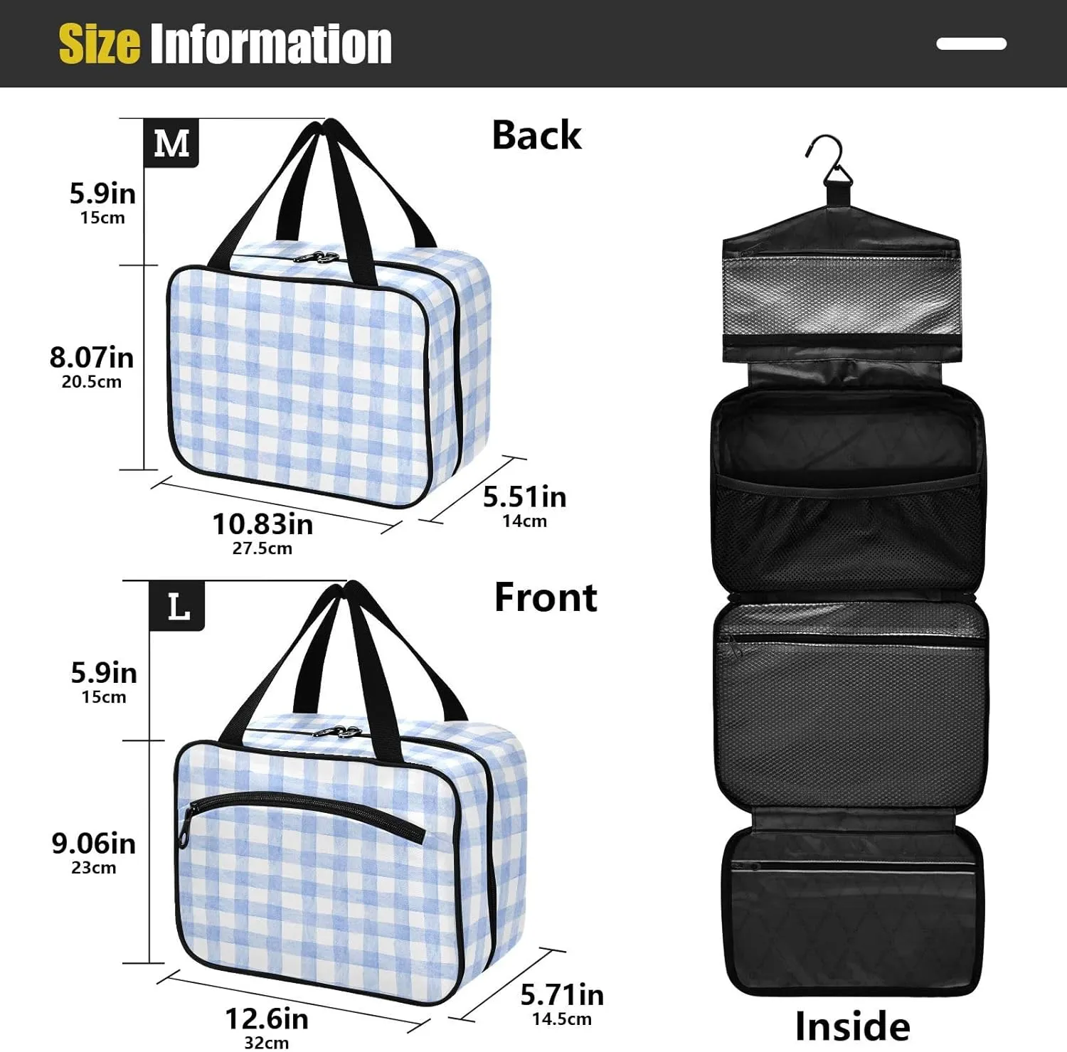 Travel Toiletry Bag for Woman/Men, Cute Blue and White Plaid Hanging Organizer Bag with Pockets Portable Folding Travel Case Bags for Makeup Cosmetic Toiletries Storage Traveling-M