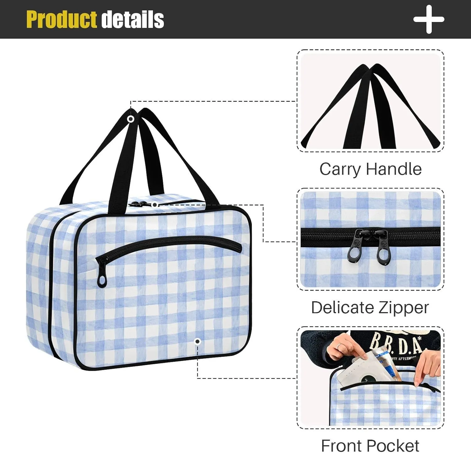 Travel Toiletry Bag for Woman/Men, Cute Blue and White Plaid Hanging Organizer Bag with Pockets Portable Folding Travel Case Bags for Makeup Cosmetic Toiletries Storage Traveling-M