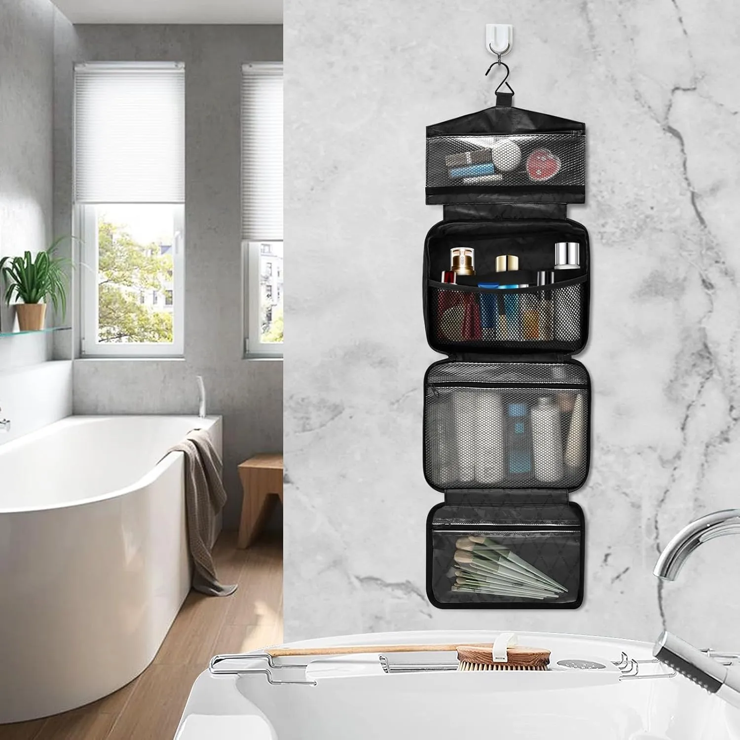 Travel Toiletry Bag for Woman/Men, Cute Blue and White Plaid Hanging Organizer Bag with Pockets Portable Folding Travel Case Bags for Makeup Cosmetic Toiletries Storage Traveling-M