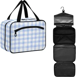 Travel Toiletry Bag for Woman/Men, Cute Blue and White Plaid Hanging Organizer Bag with Pockets Portable Folding Travel Case Bags for Makeup Cosmetic Toiletries Storage Traveling-M