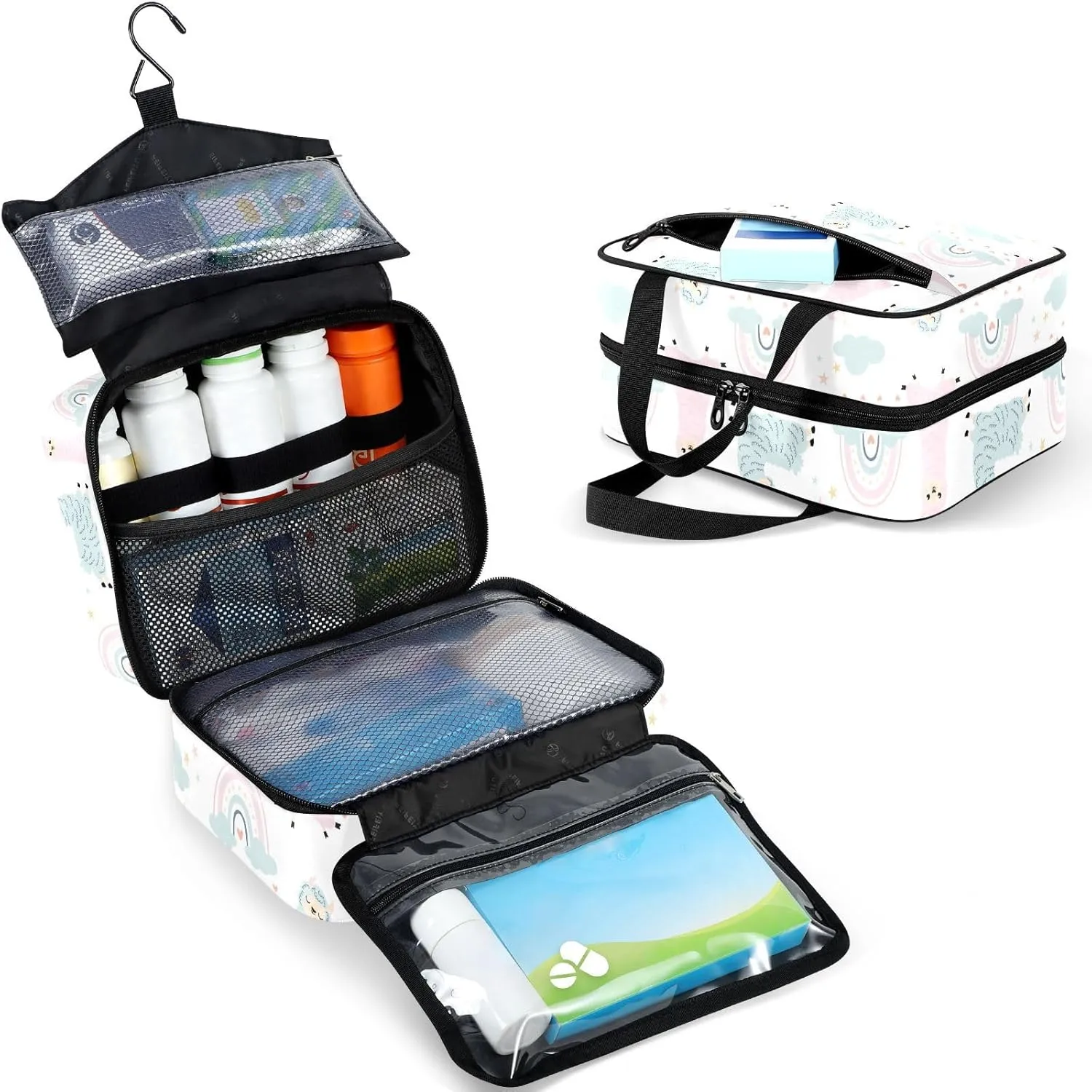 Travel Toiletry Bag for Woman/Men, Cute Llamas with Rainbow Alpaca Hanging Organizer Bag with Pockets Portable Folding Travel Case Bags for Makeup Cosmetic Toiletries Storage Traveling-M