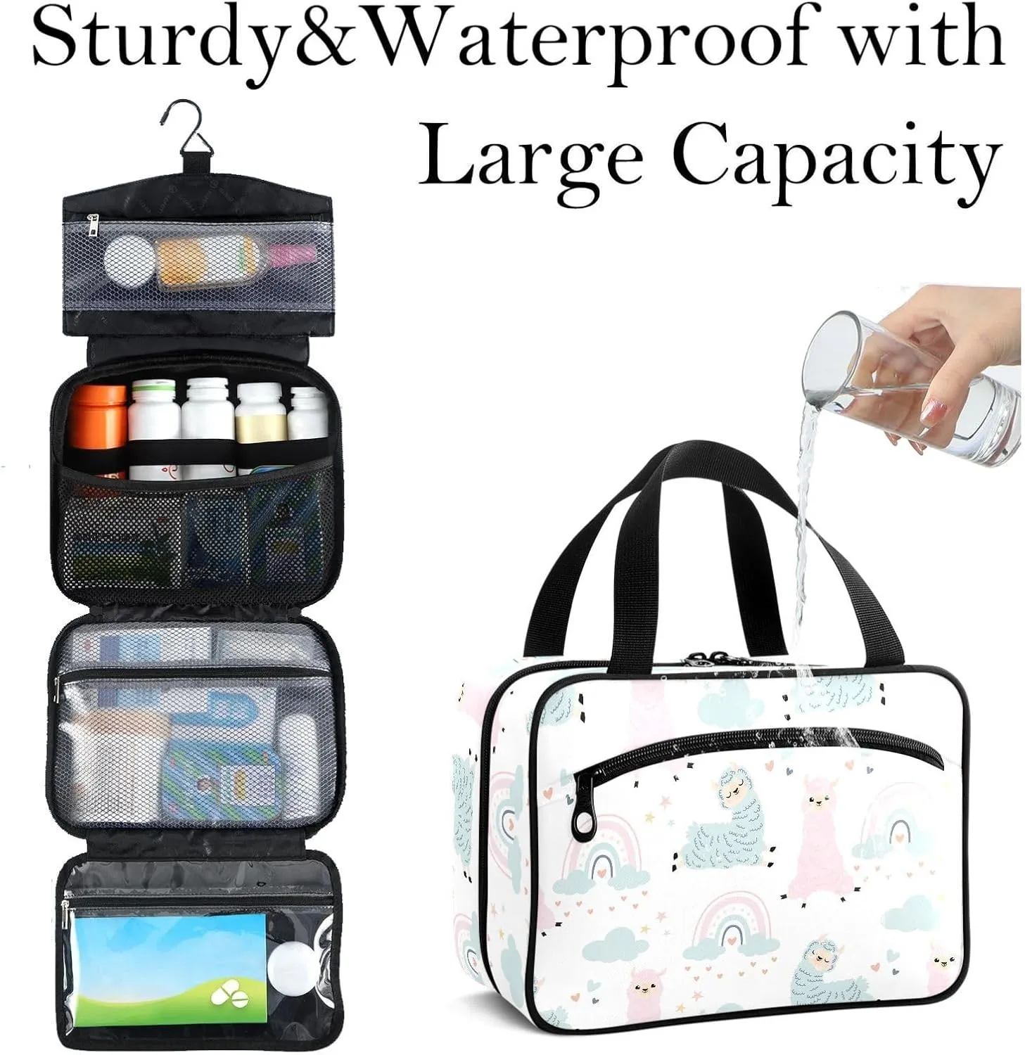 Travel Toiletry Bag for Woman/Men, Cute Llamas with Rainbow Alpaca Hanging Organizer Bag with Pockets Portable Folding Travel Case Bags for Makeup Cosmetic Toiletries Storage Traveling-M