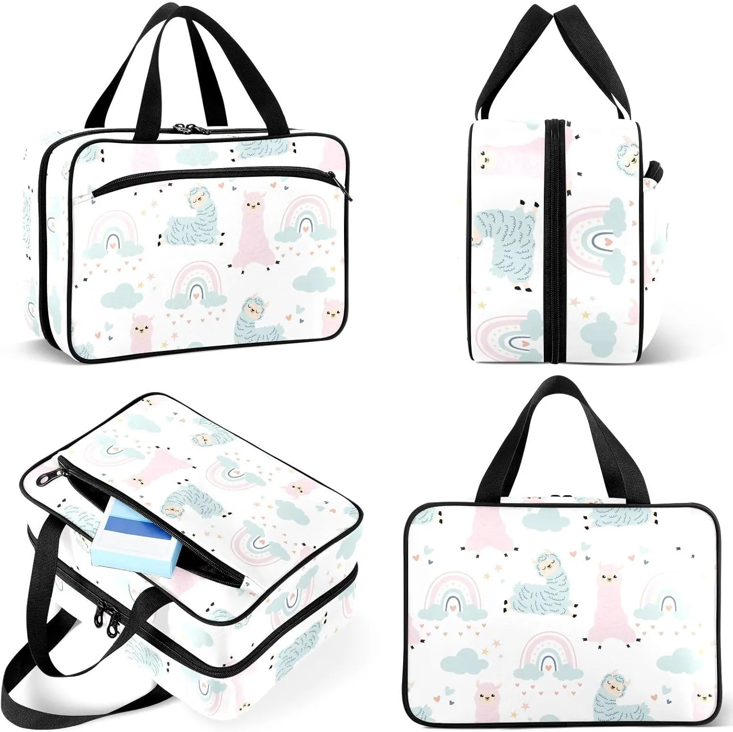 Travel Toiletry Bag for Woman/Men, Cute Llamas with Rainbow Alpaca Hanging Organizer Bag with Pockets Portable Folding Travel Case Bags for Makeup Cosmetic Toiletries Storage Traveling-M