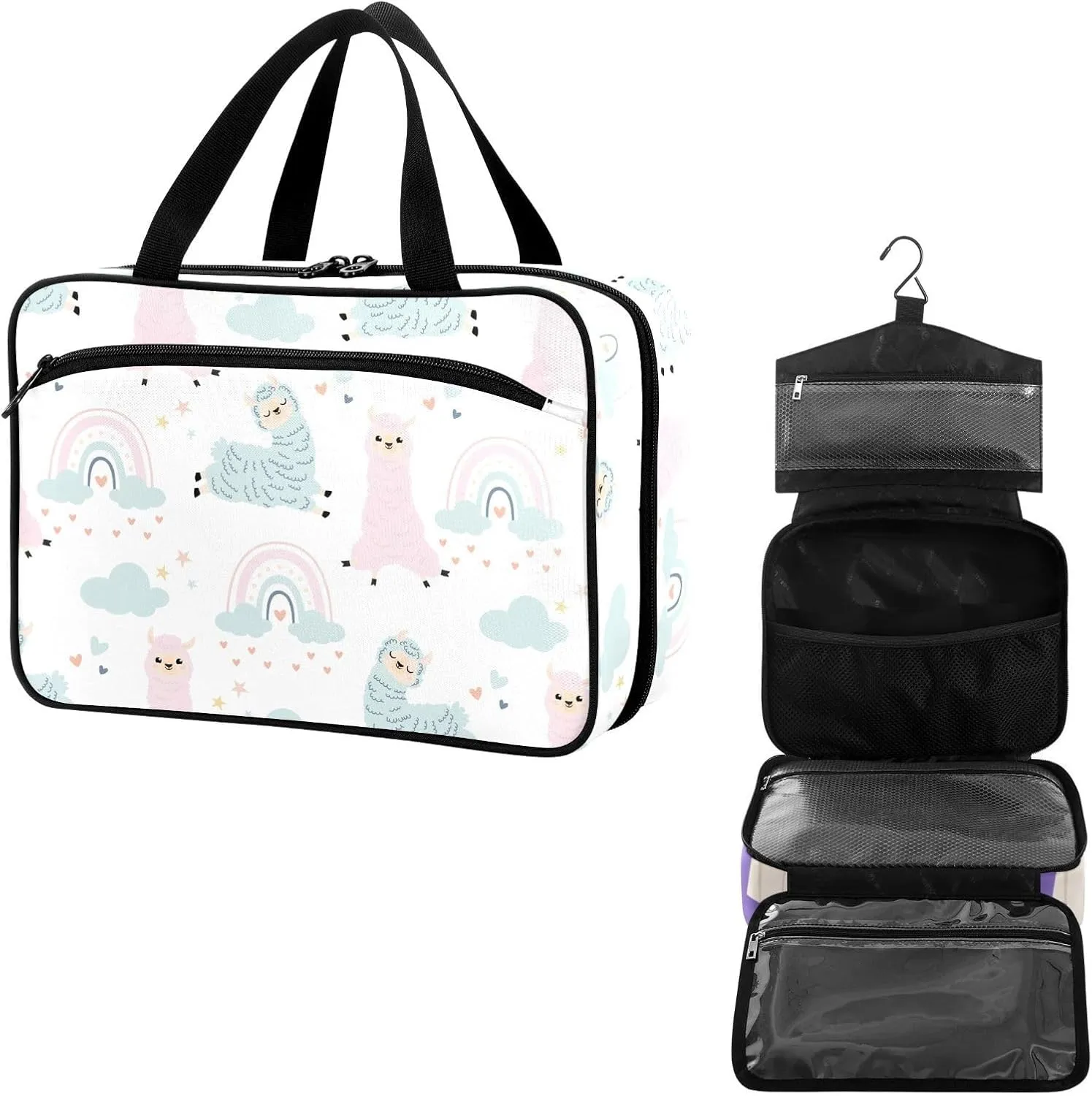 Travel Toiletry Bag for Woman/Men, Cute Llamas with Rainbow Alpaca Hanging Organizer Bag with Pockets Portable Folding Travel Case Bags for Makeup Cosmetic Toiletries Storage Traveling-M