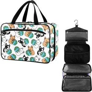 Travel Toiletry Bag for Woman/Men, Lovely Cartoon Bulldog Printed Hanging Organizer Bag with Pockets Portable Folding Travel Case Bags for Makeup Cosmetic Toiletries Storage Traveling-L