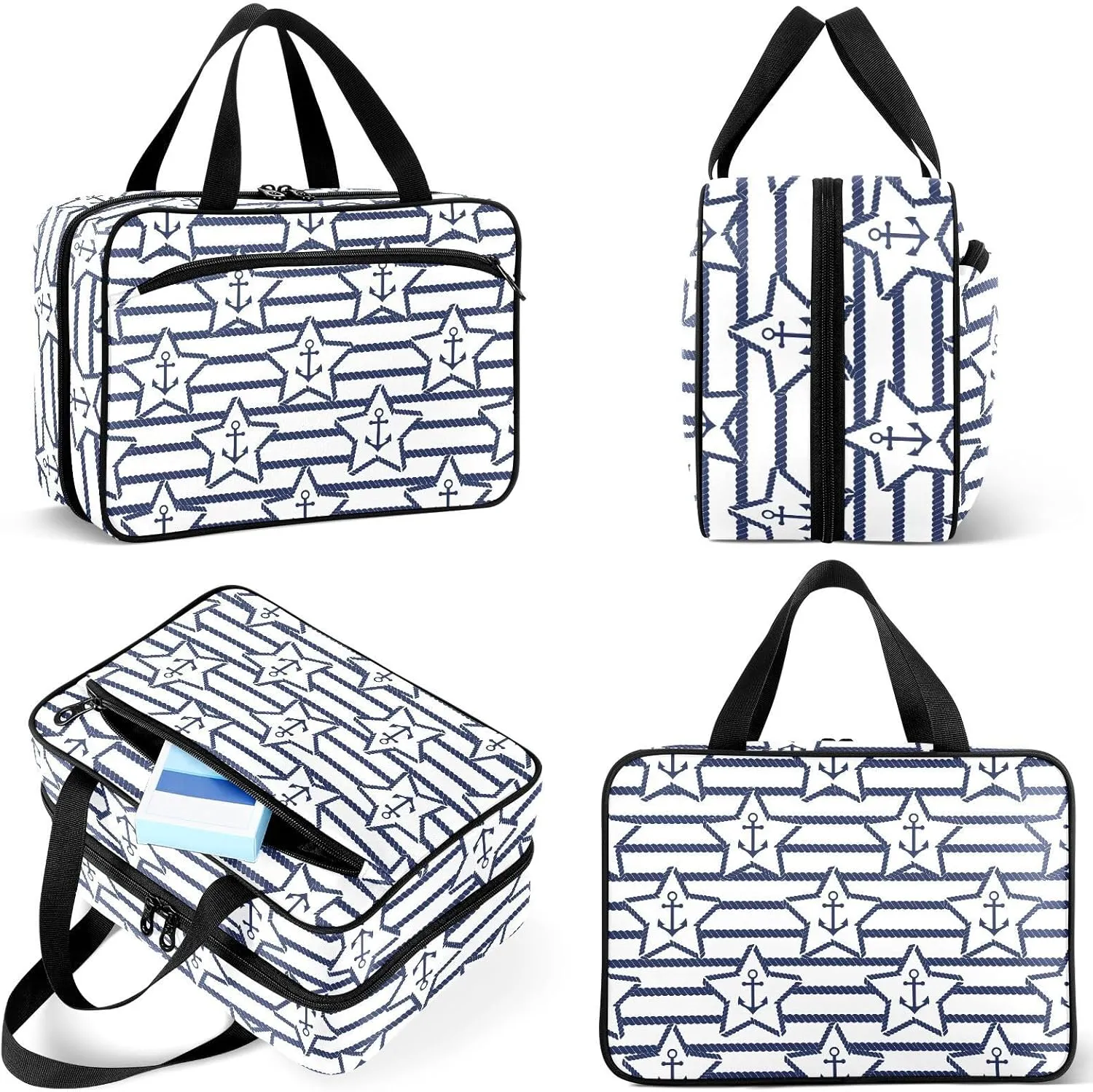 Travel Toiletry Bag for Woman/Men, Navy Blue Nautical Anchor Star Hanging Organizer Bag with Pockets Portable Folding Travel Case Bags for Makeup Cosmetic Toiletries Storage Traveling-L