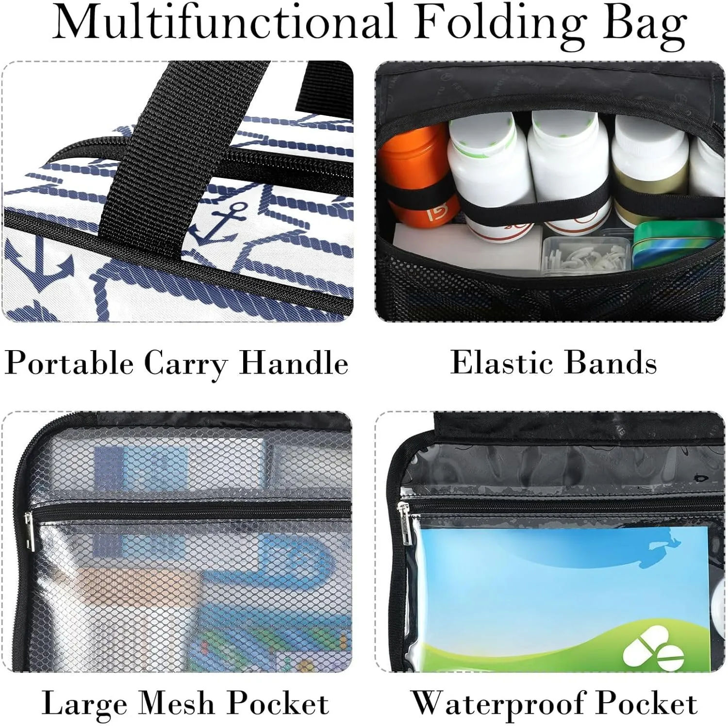Travel Toiletry Bag for Woman/Men, Navy Blue Nautical Anchor Star Hanging Organizer Bag with Pockets Portable Folding Travel Case Bags for Makeup Cosmetic Toiletries Storage Traveling-L