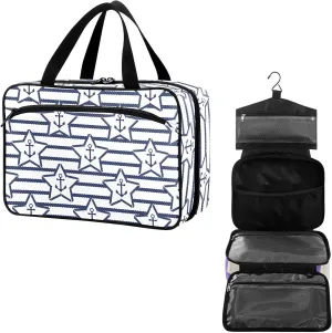 Travel Toiletry Bag for Woman/Men, Navy Blue Nautical Anchor Star Hanging Organizer Bag with Pockets Portable Folding Travel Case Bags for Makeup Cosmetic Toiletries Storage Traveling-L