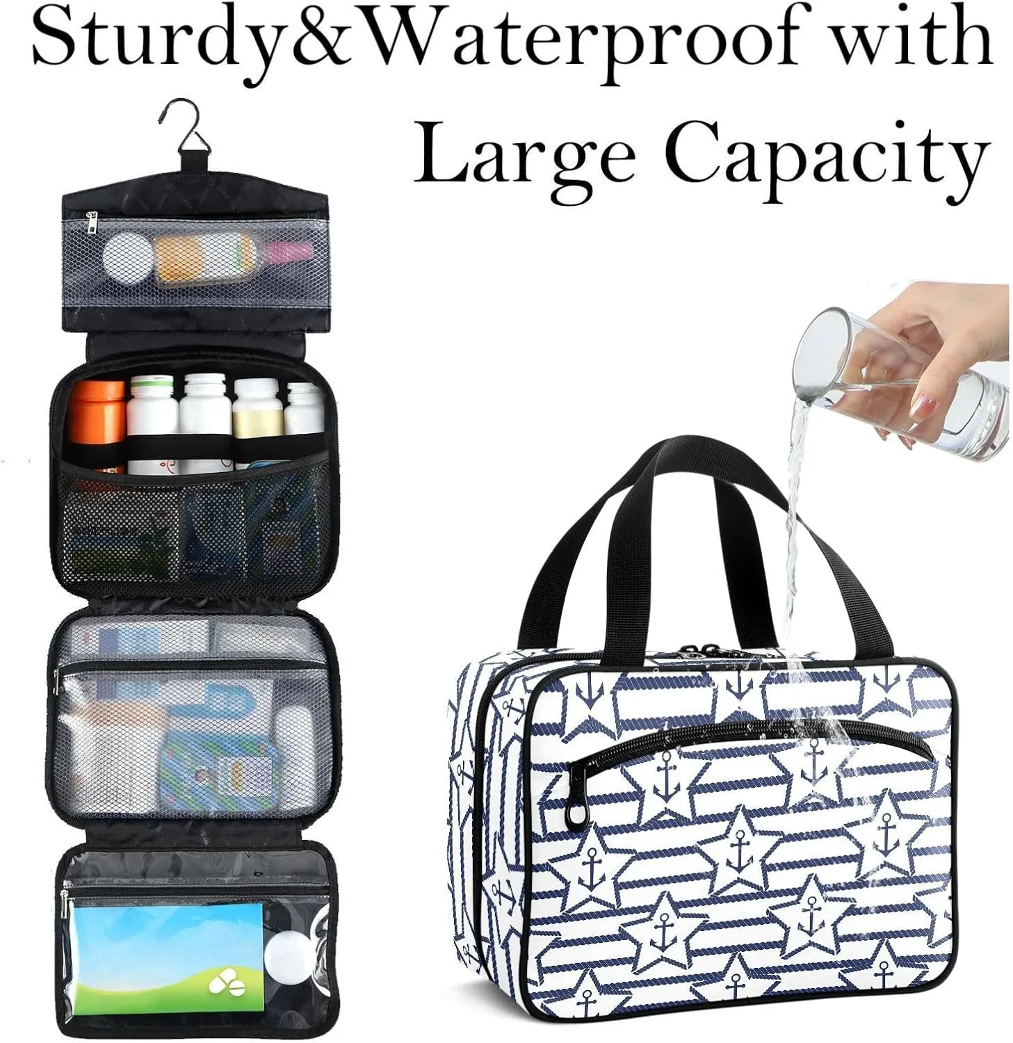 Travel Toiletry Bag for Woman/Men, Navy Blue Nautical Anchor Star Hanging Organizer Bag with Pockets Portable Folding Travel Case Bags for Makeup Cosmetic Toiletries Storage Traveling-L