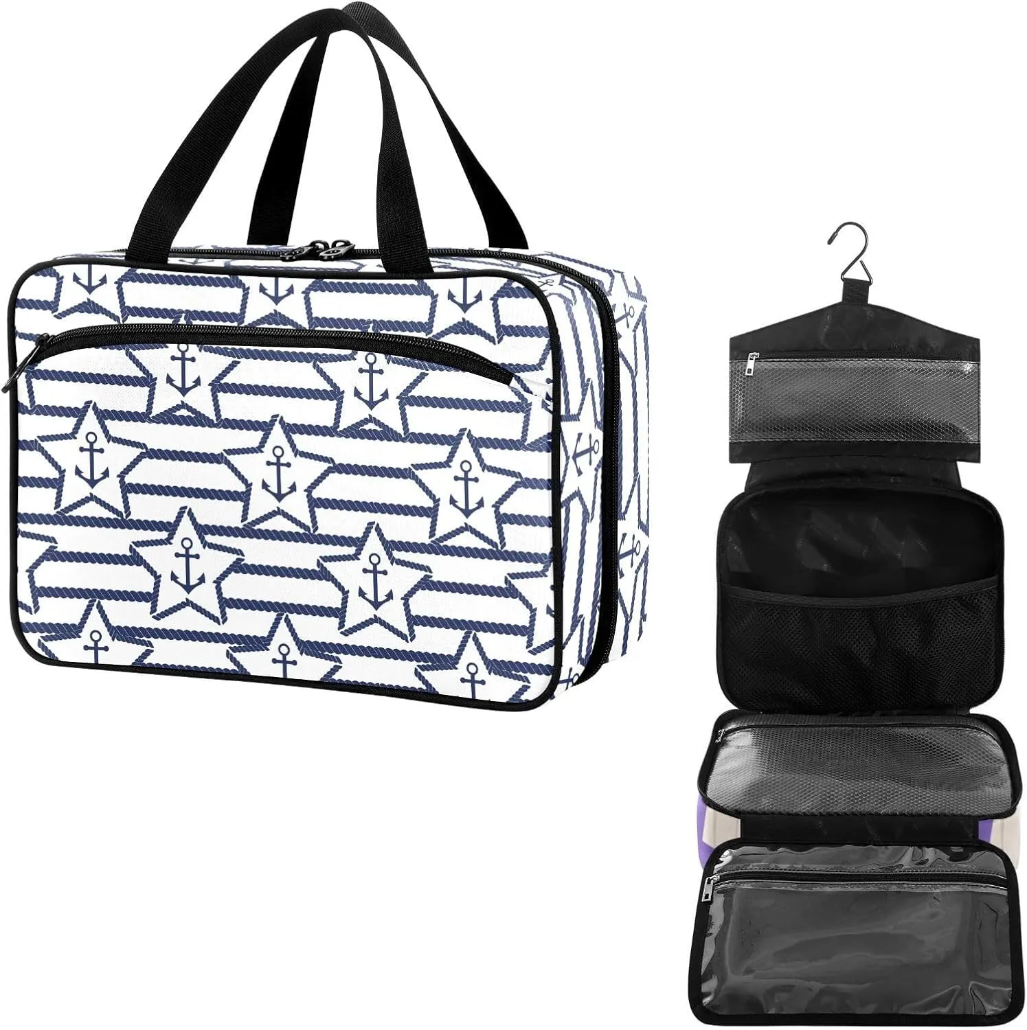 Travel Toiletry Bag for Woman/Men, Navy Blue Nautical Anchor Star Hanging Organizer Bag with Pockets Portable Folding Travel Case Bags for Makeup Cosmetic Toiletries Storage Traveling-L