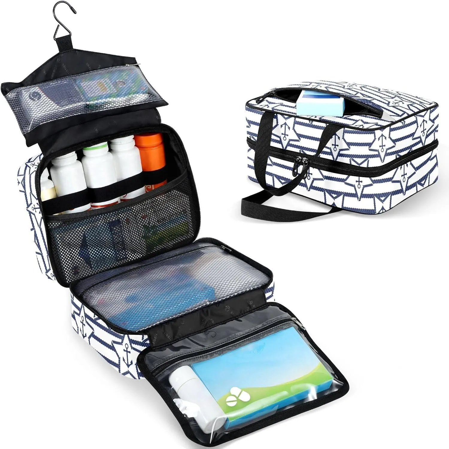 Travel Toiletry Bag for Woman/Men, Navy Blue Nautical Anchor Star Hanging Organizer Bag with Pockets Portable Folding Travel Case Bags for Makeup Cosmetic Toiletries Storage Traveling-L