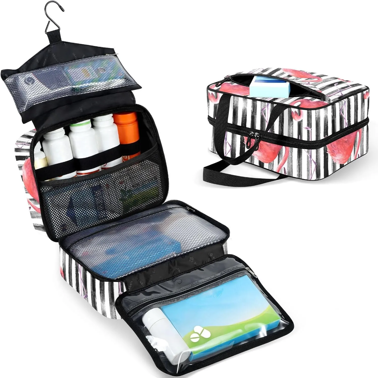 Travel Toiletry Bag for Woman/Men, Pink Flamingo on Black and White Stripe Hanging Organizer Bag with Pockets Portable Folding Travel Case Bags for Makeup Cosmetic Toiletries Storage Traveling-L