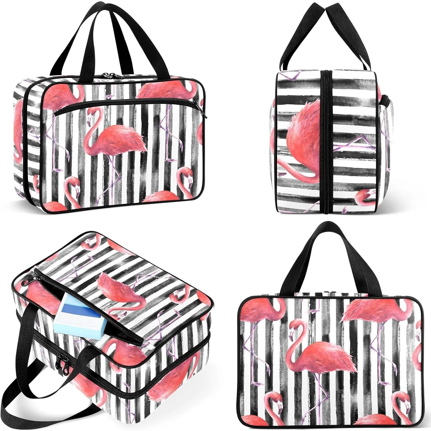 Travel Toiletry Bag for Woman/Men, Pink Flamingo on Black and White Stripe Hanging Organizer Bag with Pockets Portable Folding Travel Case Bags for Makeup Cosmetic Toiletries Storage Traveling-L