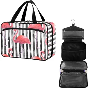 Travel Toiletry Bag for Woman/Men, Pink Flamingo on Black and White Stripe Hanging Organizer Bag with Pockets Portable Folding Travel Case Bags for Makeup Cosmetic Toiletries Storage Traveling-L