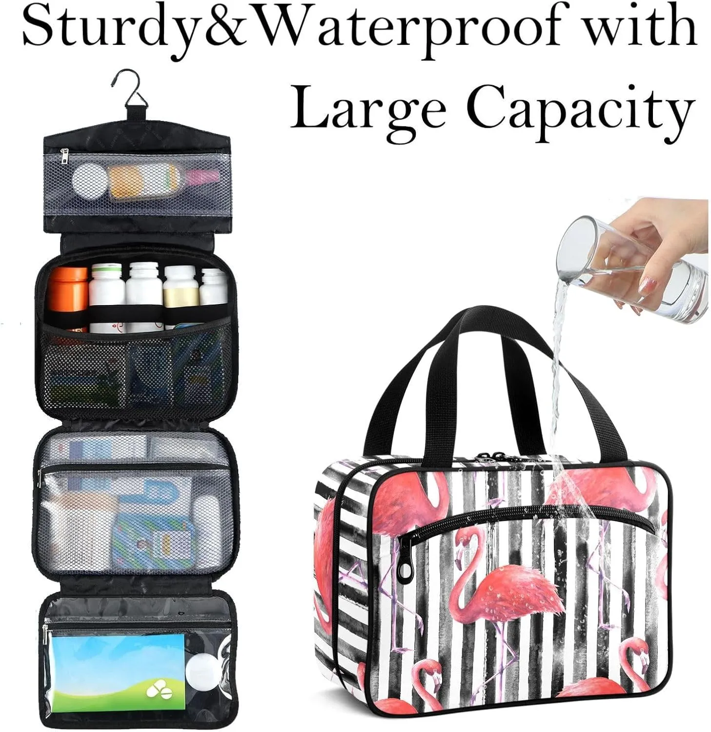 Travel Toiletry Bag for Woman/Men, Pink Flamingo on Black and White Stripe Hanging Organizer Bag with Pockets Portable Folding Travel Case Bags for Makeup Cosmetic Toiletries Storage Traveling-L