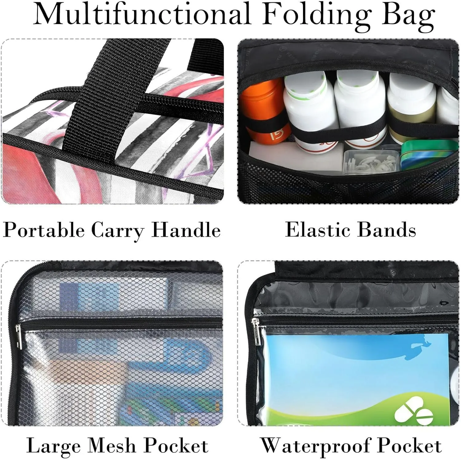 Travel Toiletry Bag for Woman/Men, Pink Flamingo on Black and White Stripe Hanging Organizer Bag with Pockets Portable Folding Travel Case Bags for Makeup Cosmetic Toiletries Storage Traveling-L