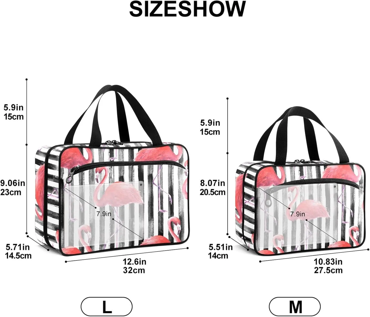 Travel Toiletry Bag for Woman/Men, Pink Flamingo on Black and White Stripe Hanging Organizer Bag with Pockets Portable Folding Travel Case Bags for Makeup Cosmetic Toiletries Storage Traveling-L