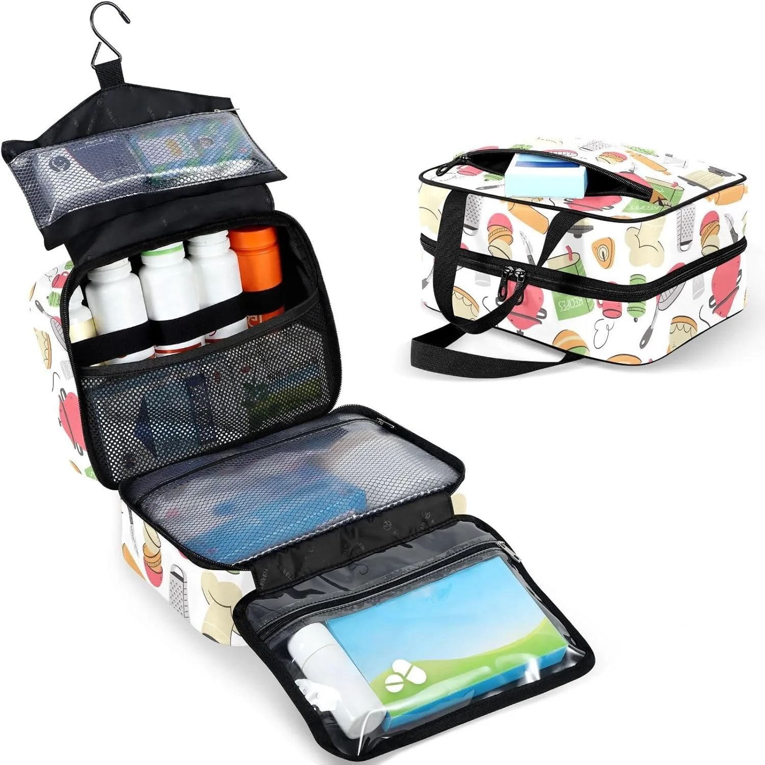 Travel Toiletry Bag for Woman/Men,Cook Themed Cooking Utensils Hanging Organizer Bag with Pockets Portable Folding Travel Case Bags for Makeup Cosmetic Toiletries Storage Traveling-M