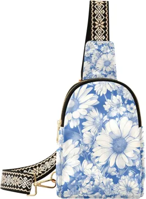 Trendy Little Blue and White Daisy small fanny packs leather fanny pack for women for hiking