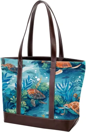 Turtle Art-322 Tote Bags Durable Leather Canvas Purses and Handbags for Women Top Handle Shoulder Satchel Hobo Bags