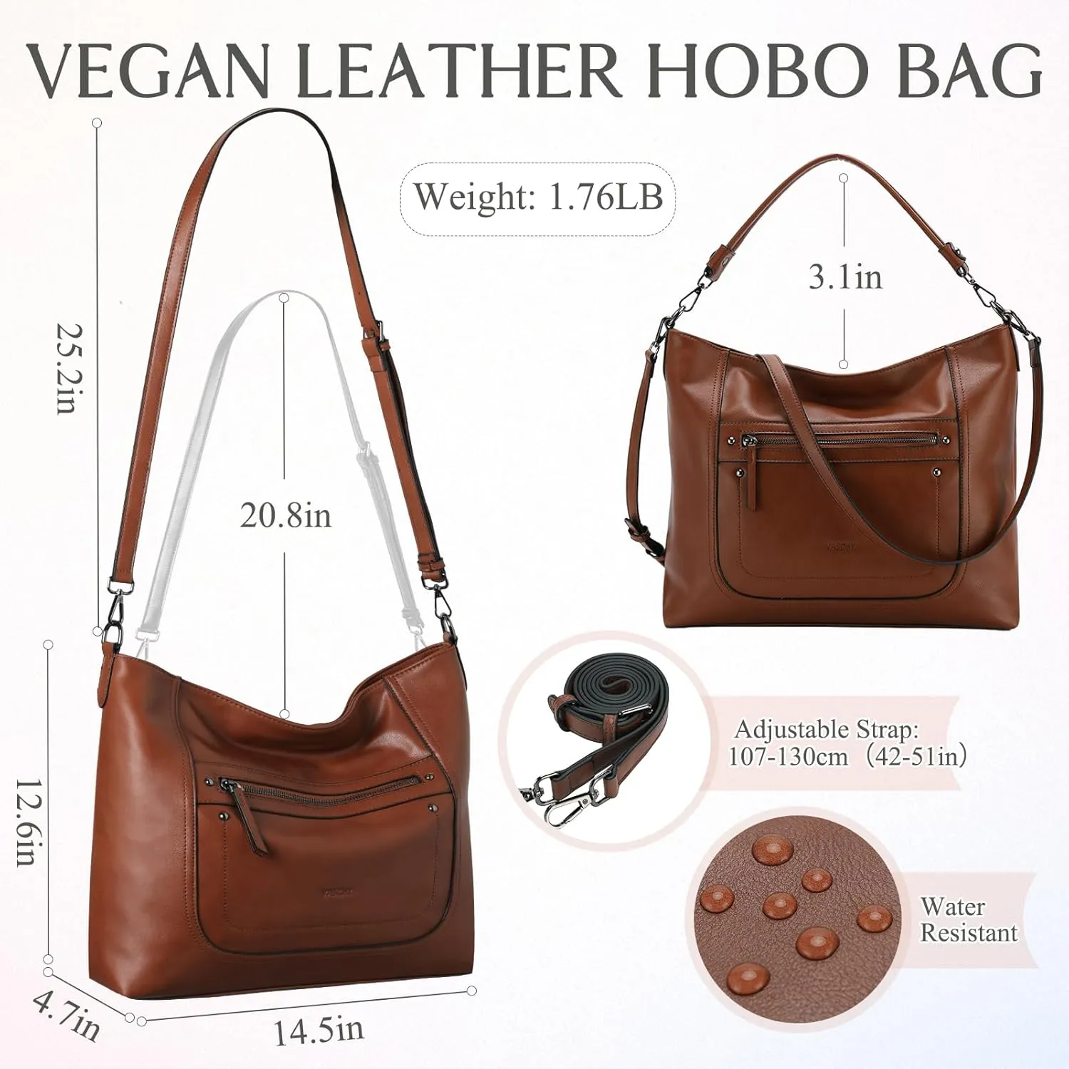 VASCHY Hobo Bags for Women, Vegan Leather Large Handbag Tote Slouchy Shoulder Bag Purse w Convertible Crossbody Strap