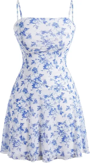 Verdusa Women's Floral 70s Mesh Ruffle Vintage A Line Flared Sundress Sleeveless Cami Short Dress
