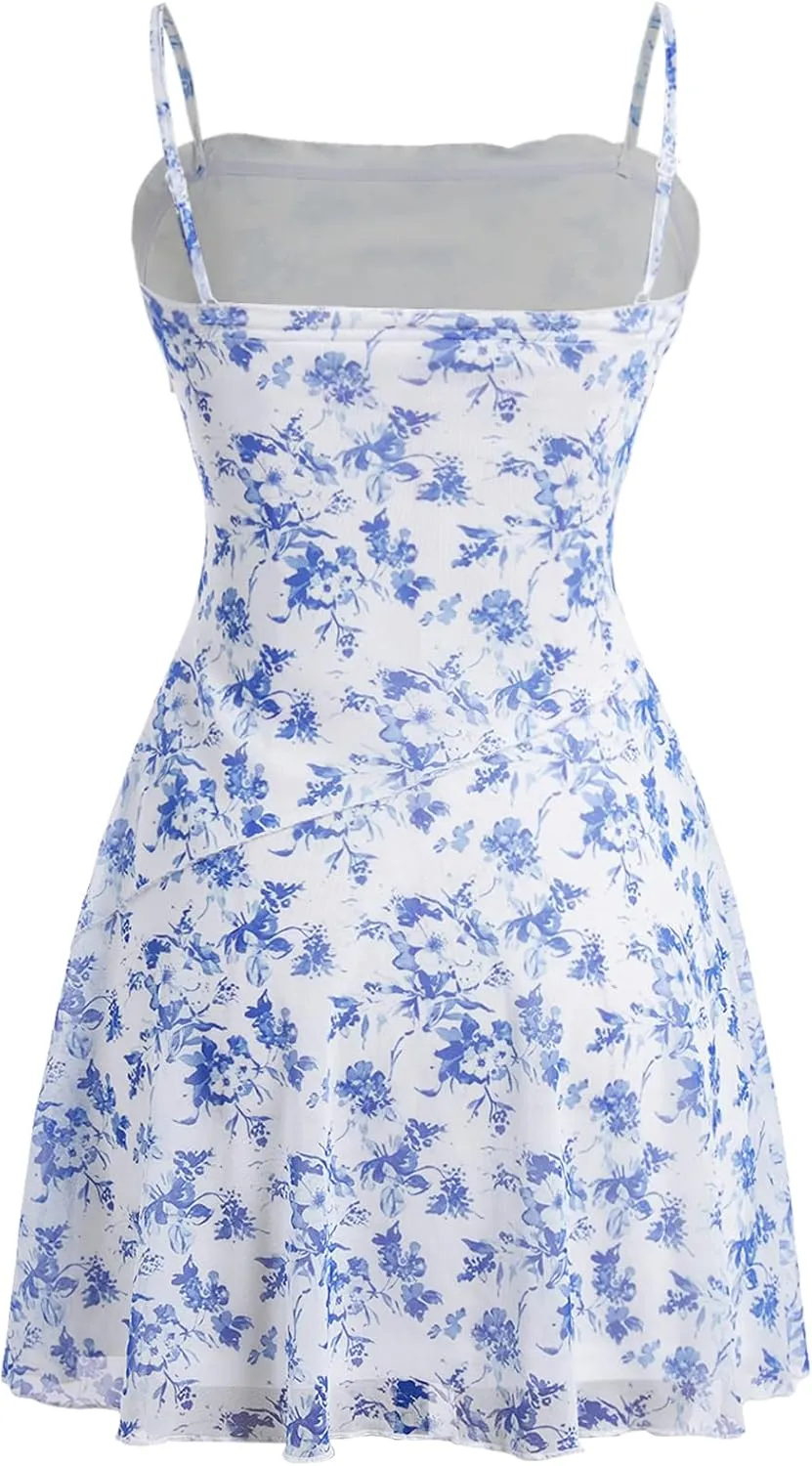 Verdusa Women's Floral 70s Mesh Ruffle Vintage A Line Flared Sundress Sleeveless Cami Short Dress
