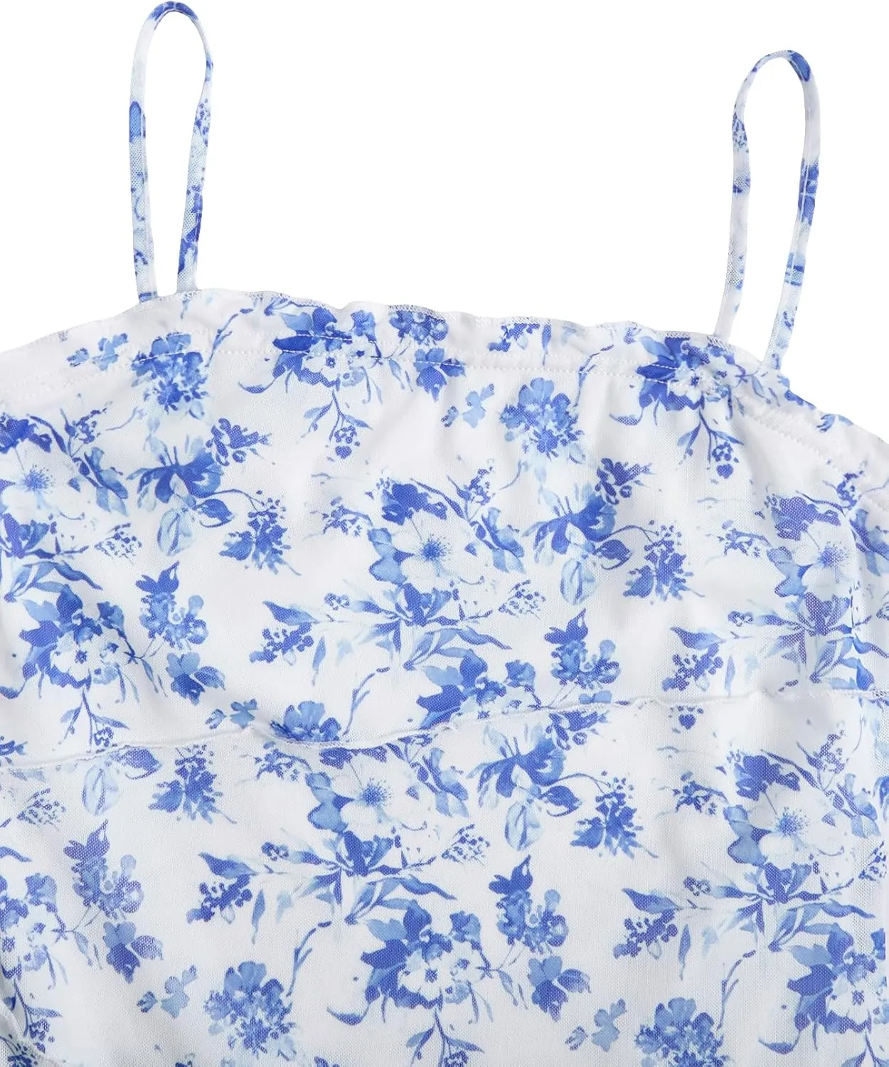 Verdusa Women's Floral 70s Mesh Ruffle Vintage A Line Flared Sundress Sleeveless Cami Short Dress