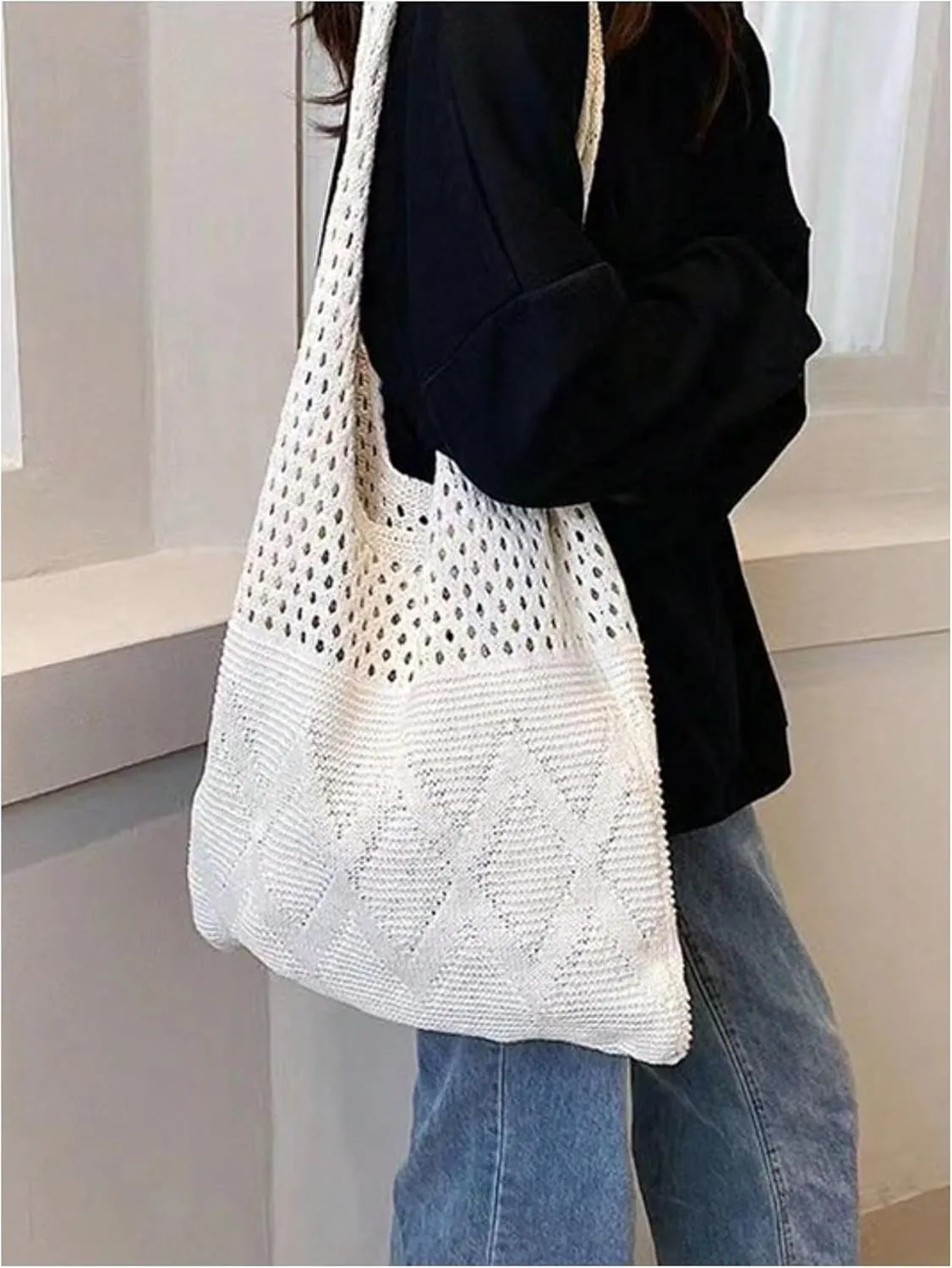 Verdusa Women's Knitted Crochet Shoulder Bags Casual Hobo Tote Bag Shopping Bags