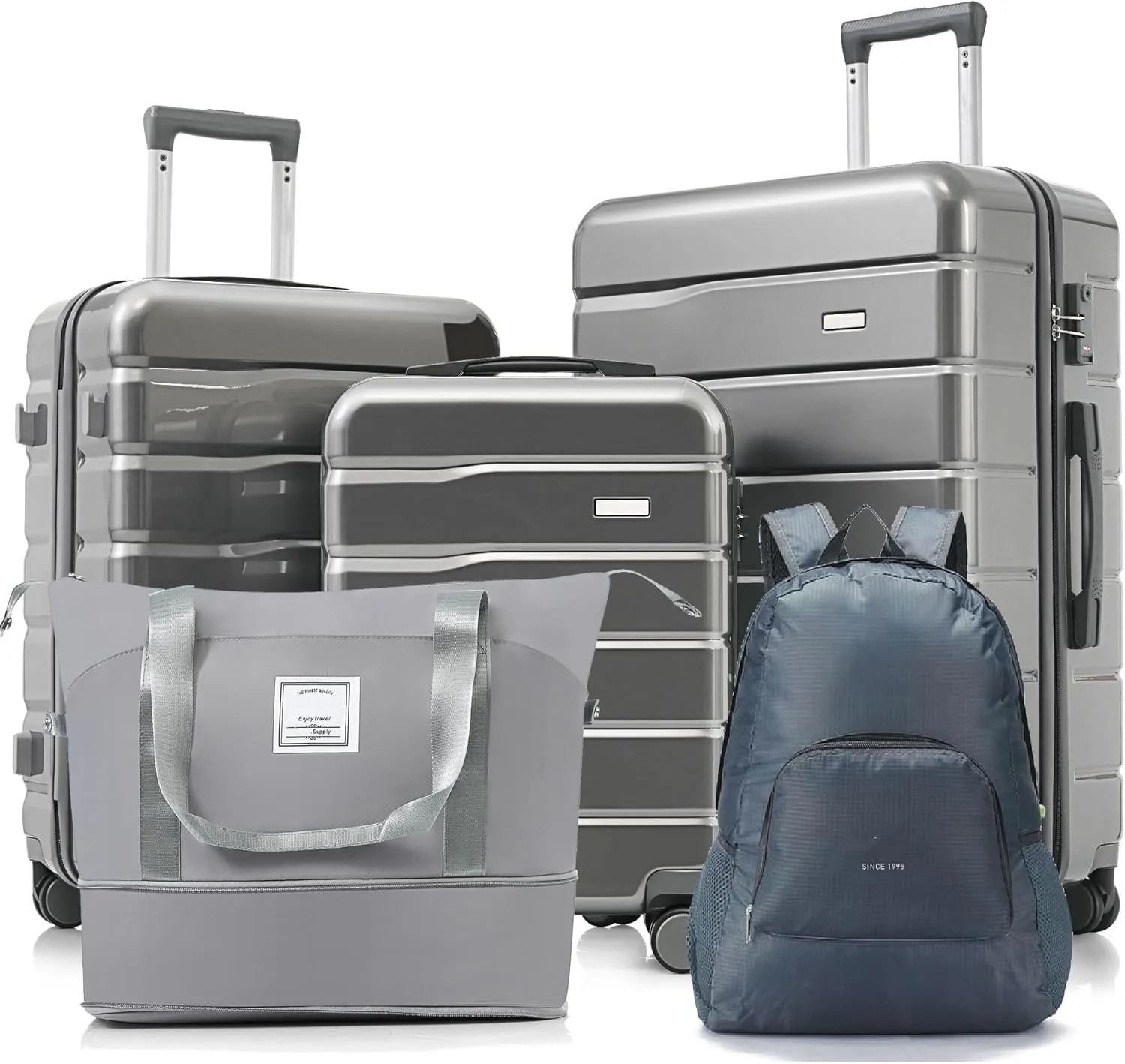 Versatile 5-Piece Luggage Set - Expandable Duffel Bag & Foldable Backpack, 20"/24"/28" Suitcases with 360 Spinner Wheels, Grey