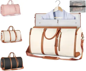 Versatile Folding Clothing Luggage Bag, Carry On Garment Bag, 2 in 1 Hanging Suitcase Suit Bag, Large Weekender Travel Bag (Beige)