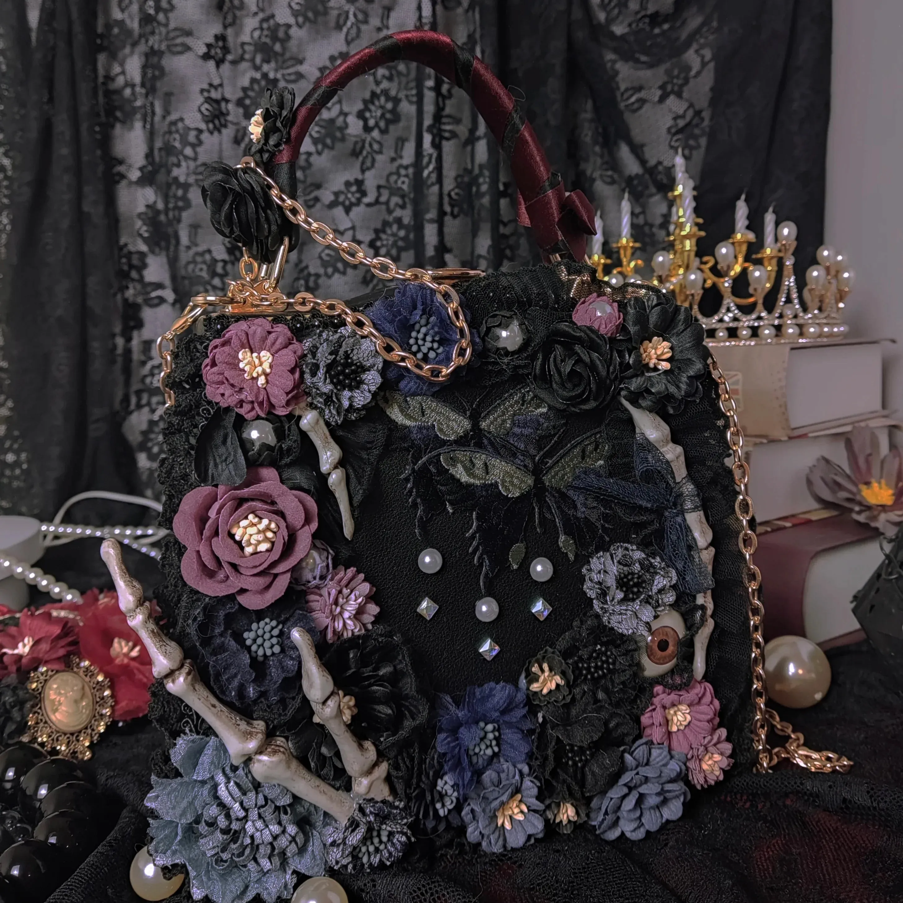 Vintage Crossbody Butterfly Shoulder Gothic Punk Flower Black Skeleton Bag