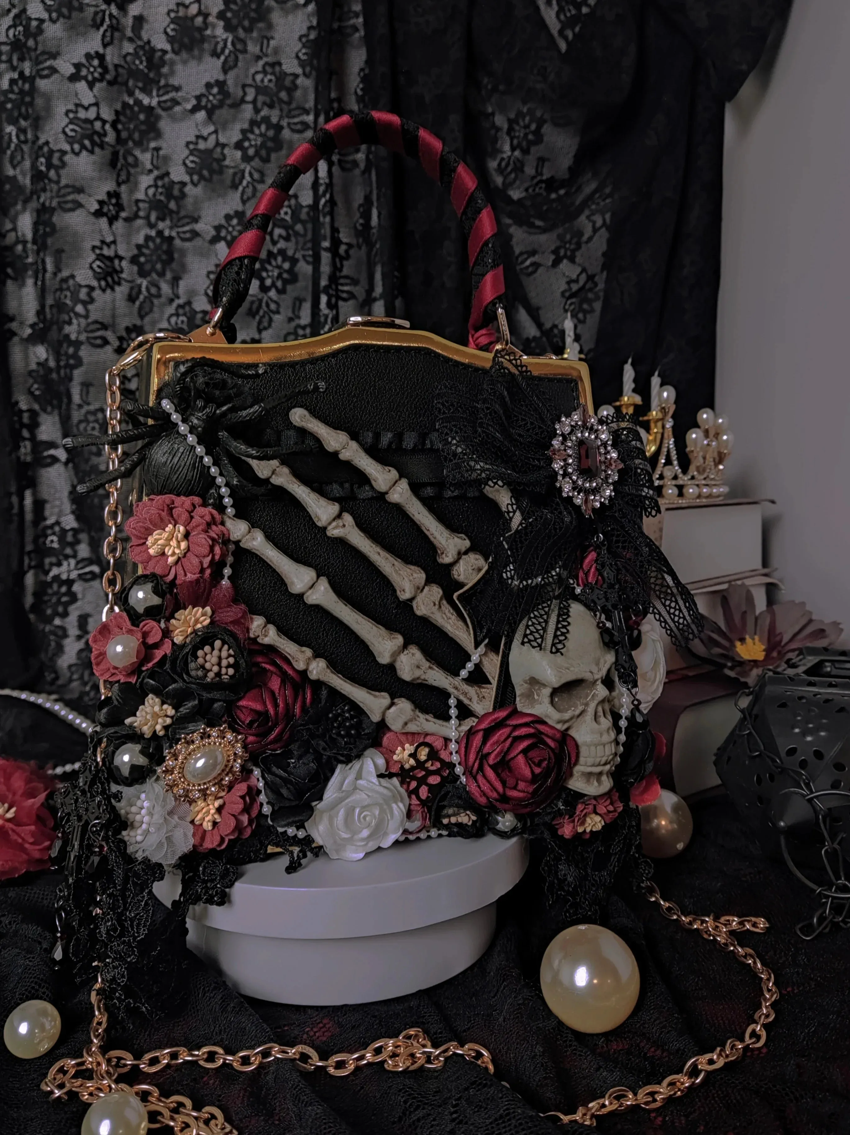 Vintage Crossbody Butterfly Shoulder Gothic Punk Flower Black Skeleton Bag