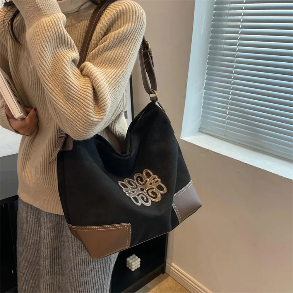 Vintage Suede Tote Bag Large Capacity Casual Hobo Bag Satchel Purse Chic Shoulder Handbag Crossbody Underarm Bag for Women