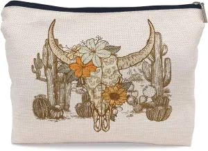 Vintage Western Makeup Bag, Boho Western Floral Bull Cactus Cosmetic Bag Zipper Pouch Toiletry Bags for Women, Cowgirl Gifts, Western Gifts for Women, Cowgirl Stuff