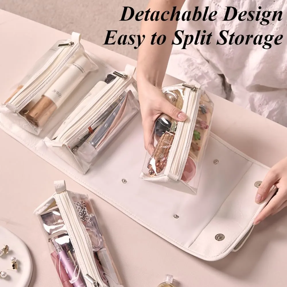 Waterproof Travel Toiletry Bag 4 Detachable Clear Multi Compartment, Portable 4 In 1 Large Capacity Makeup Bag, Roll Up Makeup Bag Hanging Travel Organizer Folding Cosmetic Bag (Gray)