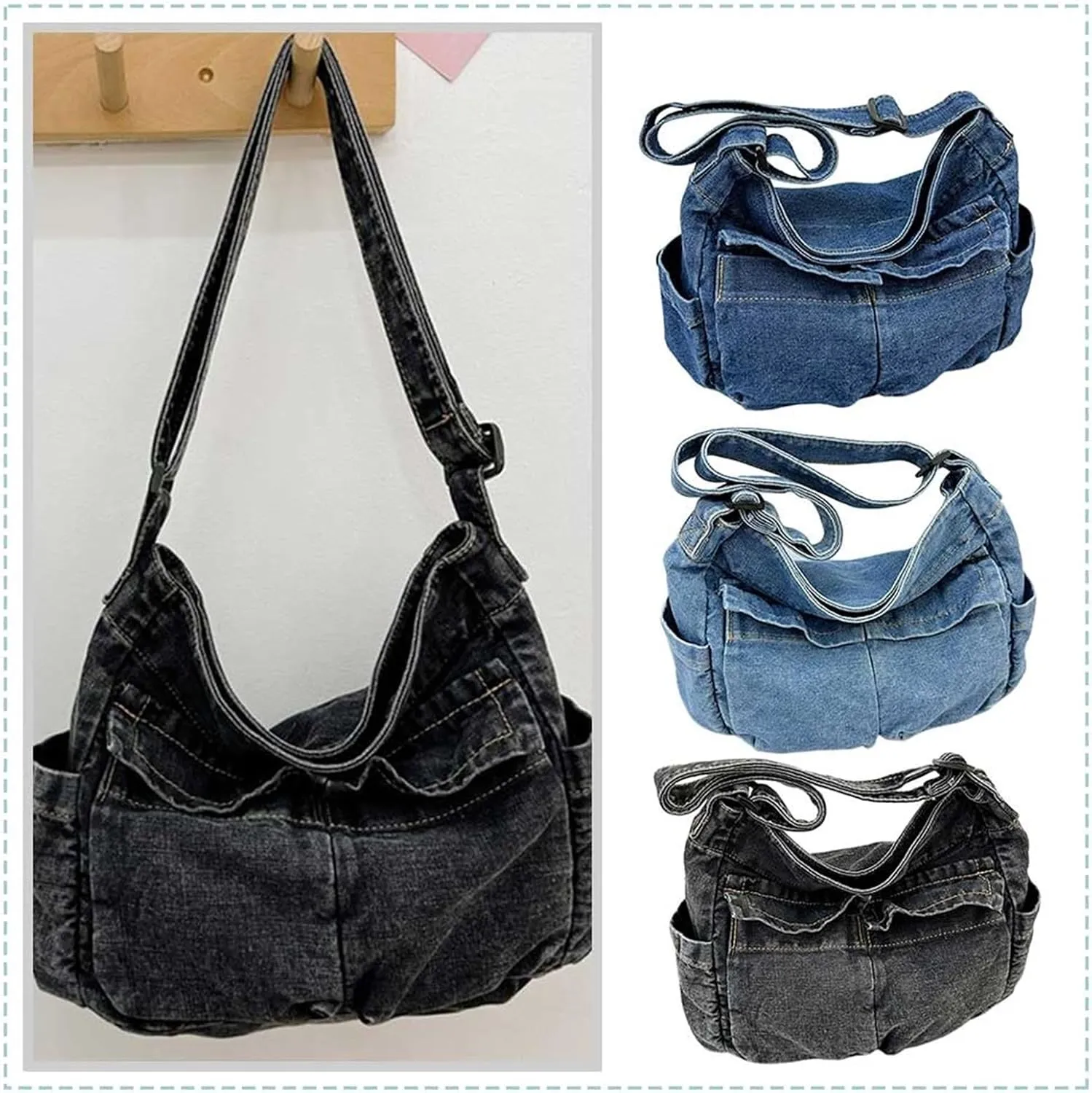 Women Casual Satchel Bag Large Capacity Denim Vintage Messenger Bag Adjustable Strap Daily Tote Bag