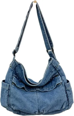 Women Casual Satchel Bag Large Capacity Denim Vintage Messenger Bag Adjustable Strap Daily Tote Bag