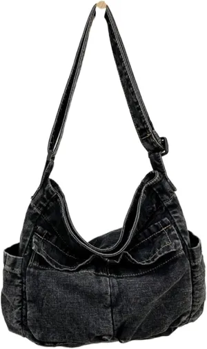 Women Casual Satchel Bag Large Capacity Denim Vintage Messenger Bag Adjustable Strap Daily Tote Bag