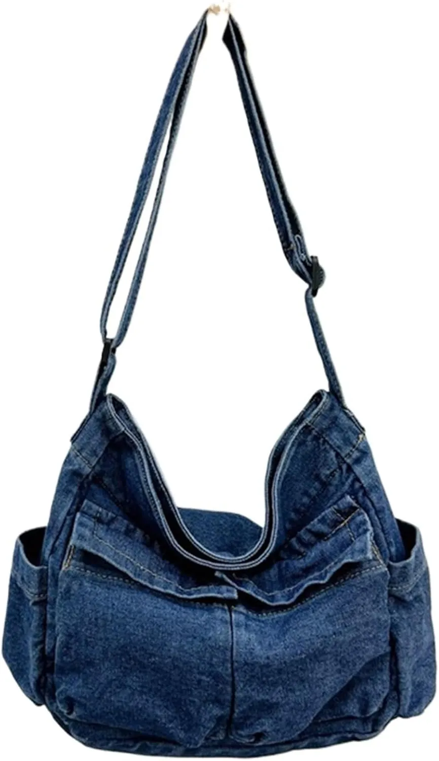 Women Casual Satchel Bag Large Capacity Denim Vintage Messenger Bag Adjustable Strap Daily Tote Bag