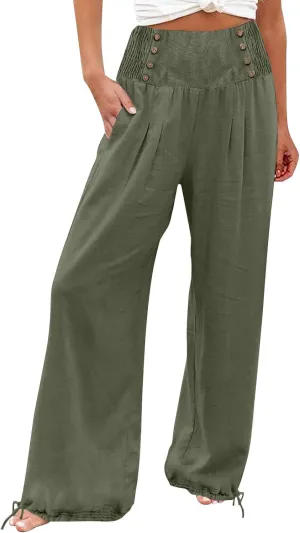 Women Summer High Waisted Wide Leg Lounge Smocked High Waist Loose Fit Linen Beach Lounge Pants with Pockets