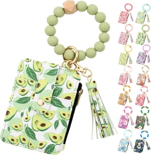 Women's Boho Beaded Wallet, Womens Boho Style Beaded and Tassel Wristlet Keychain Wallet with Floral Fruit Pattern (Avocado)
