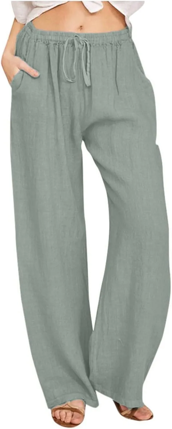 Womens Cotton Linen Palazzo Pants Plus Size Drawstring Elastic Waist Casual Wide Leg Trousers Palazzo Beach Pants