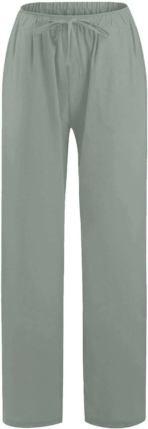 Womens Cotton Linen Palazzo Pants Plus Size Drawstring Elastic Waist Casual Wide Leg Trousers Palazzo Beach Pants