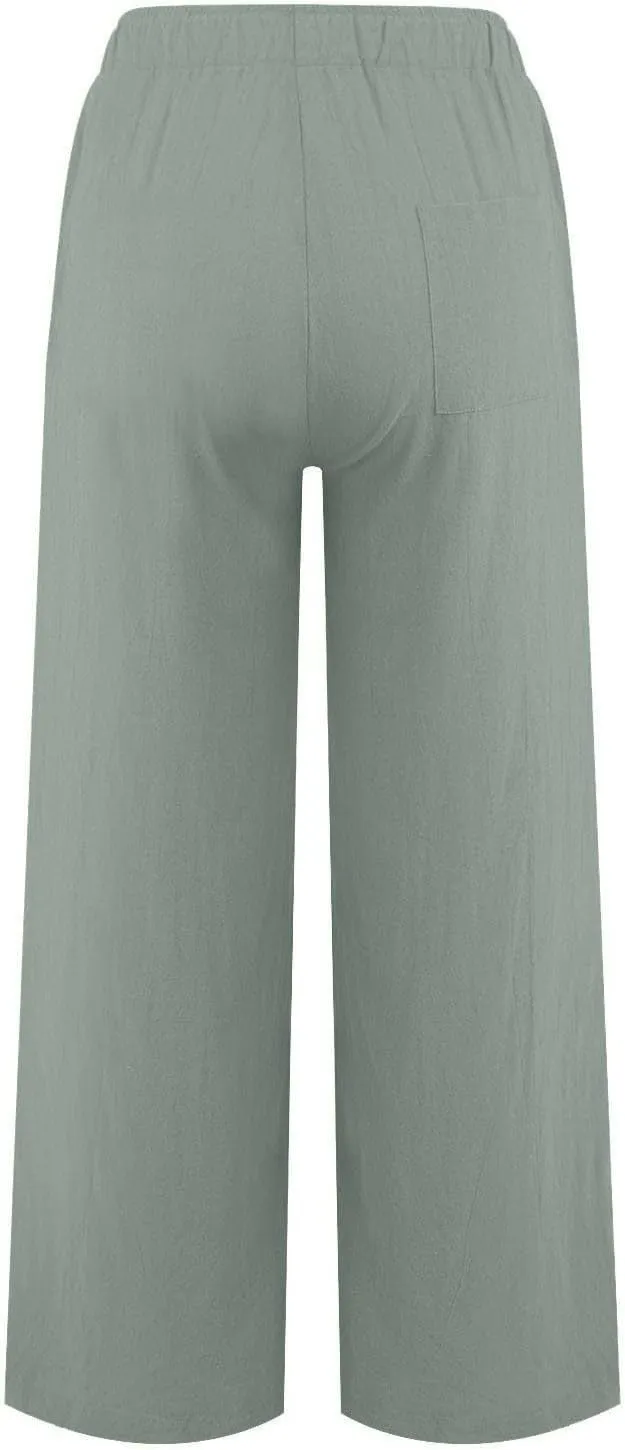 Womens Cotton Linen Palazzo Pants Plus Size Drawstring Elastic Waist Casual Wide Leg Trousers Palazzo Beach Pants